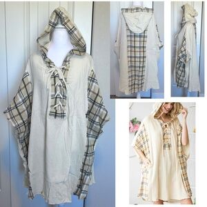 New Oli & Hali Plaid Mixed Lace up Hood Pockets Oversized Taupe Tunic OneSize
